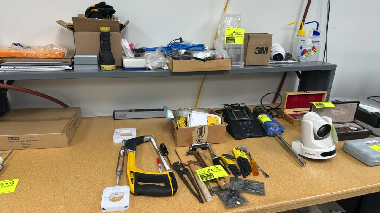Package lot of assorted hand tools, cables, and shop supplies. Includes DeWalt hacksaw, hammers, ratchet, pliers, Bondhus hex key sets, screwdrivers,