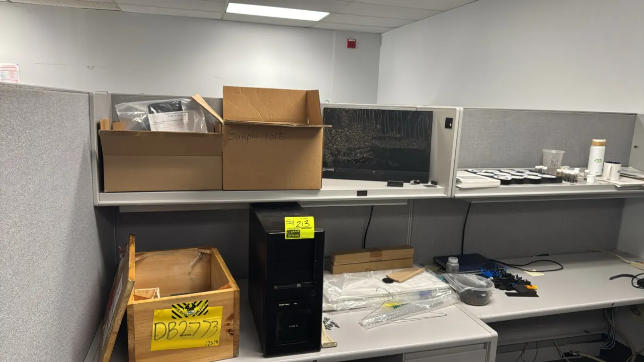 Package lot of assorted items. Includes Lian Li computer tower chassis, HP Eye Ease monitor, wooden crate, hardware, sample parts and vials, and misce