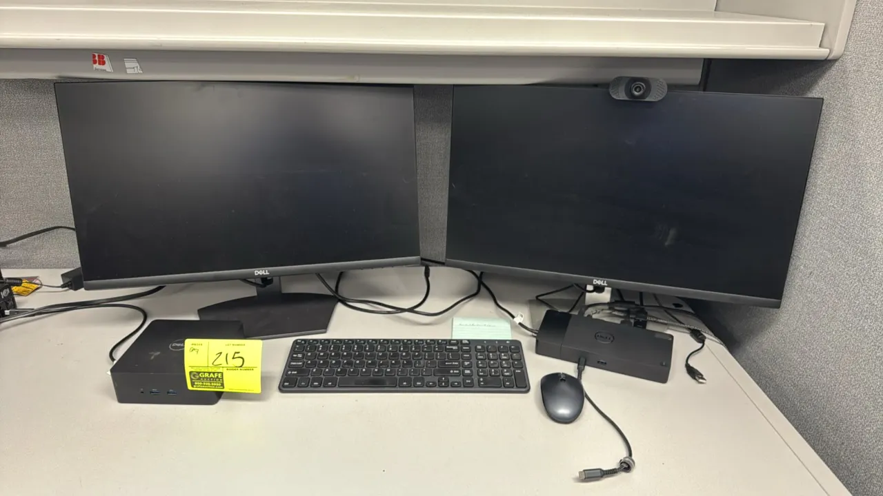 Dell computer workstation accessories package. Includes (2) Dell 24" monitors with stands, Dell TB16 docking station (Reg Model K16A), Dell WD19S dock