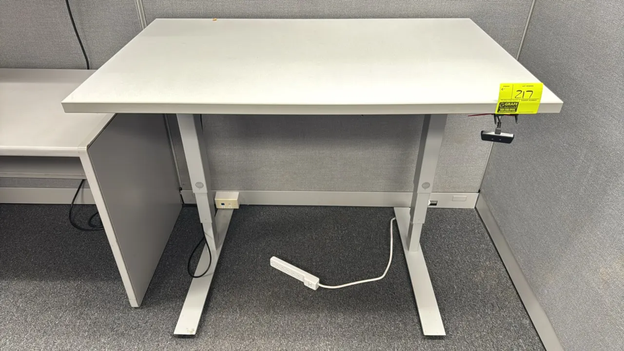 ESI electric sit/stand desk. Features a white laminate worksurface and push-button up/down height adjustment controls. 48" x 30". Mounted on a gray me