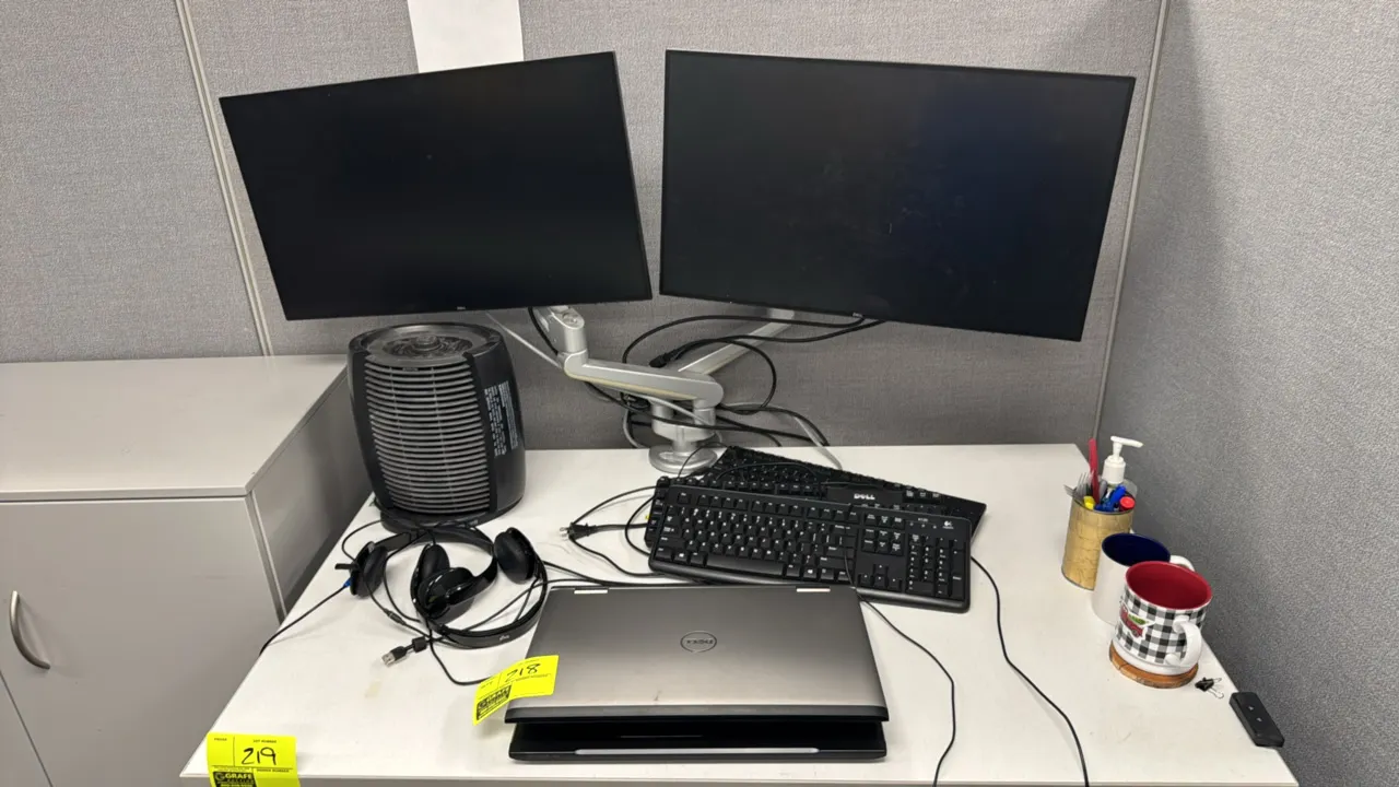 Dell computer workstation package lot. Includes 17" Dell Vostro 3750 laptop (S/N: 8GK5RQ1), (2) 27" Dell monitors on a dual-monitor articulating desk