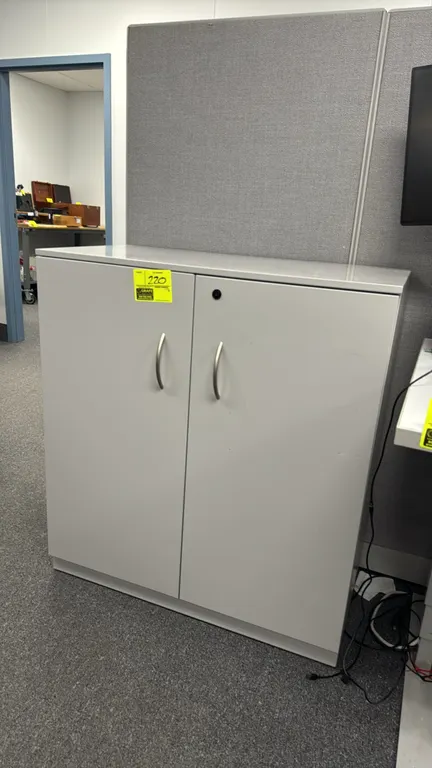 Metal 2-door storage cabinet with various contents. Features double doors with pull handles, lock cylinder, and two adjustable interior shelves. Inclu