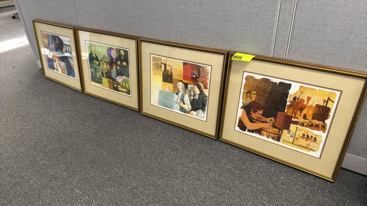 A Set of Four Framed Industrial History Art Prints. A collection of four prints illustrating the history of process control and invention, featuring J