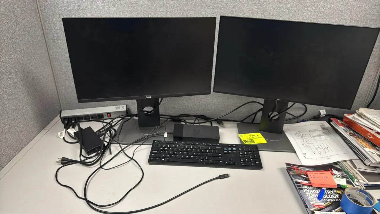 Dell computer workstation package. Includes (2) 24" monitors with adjustable stands, Dell WD19S (Reg Model K20A) docking station with power supply, an