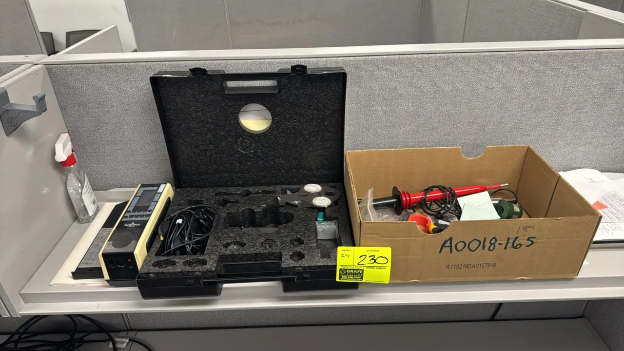 Package lot of lab and testing equipment. Includes Gretag SPM 100 spectrophotometer with white reference calibration plate, power supply cable, and ha
