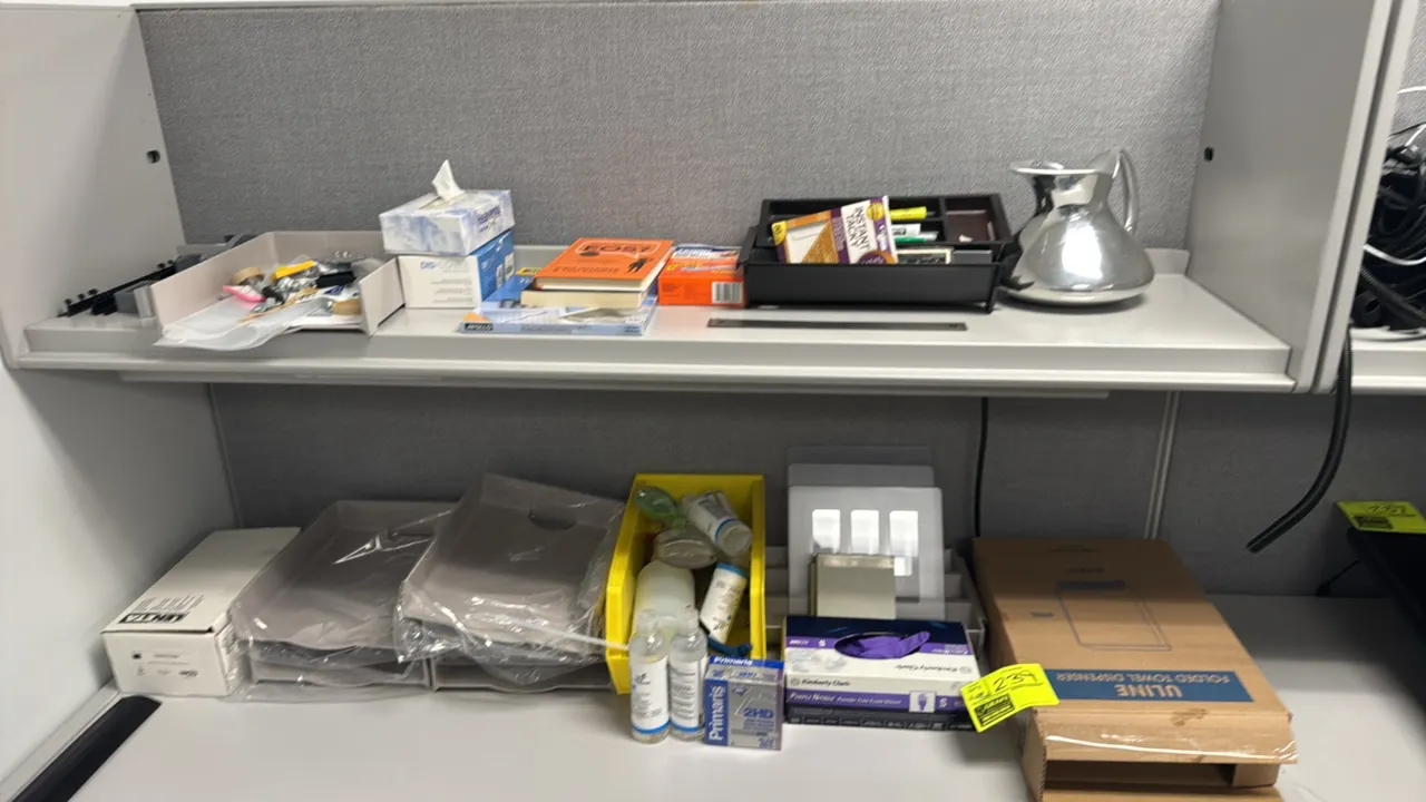 Package lot of office supplies and tabletop items. Includes a stainless steel water pitcher, boxed Uline folded towel dispenser, plastic desk organize