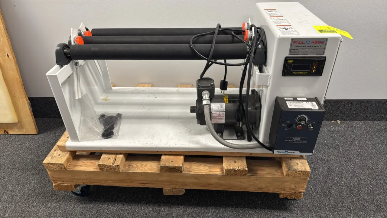 Paul O. Abbe LJRM-202431 jar rolling mill. Features 3-roller configuration, Dart digital tachometer, and KBMD DC motor speed control. S/N: 15241-425LJ