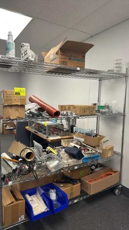 Package lot of assorted lab and automation materials. Includes Omron light curtain components, linear motion hardware, pneumatic filters, wiring, heav