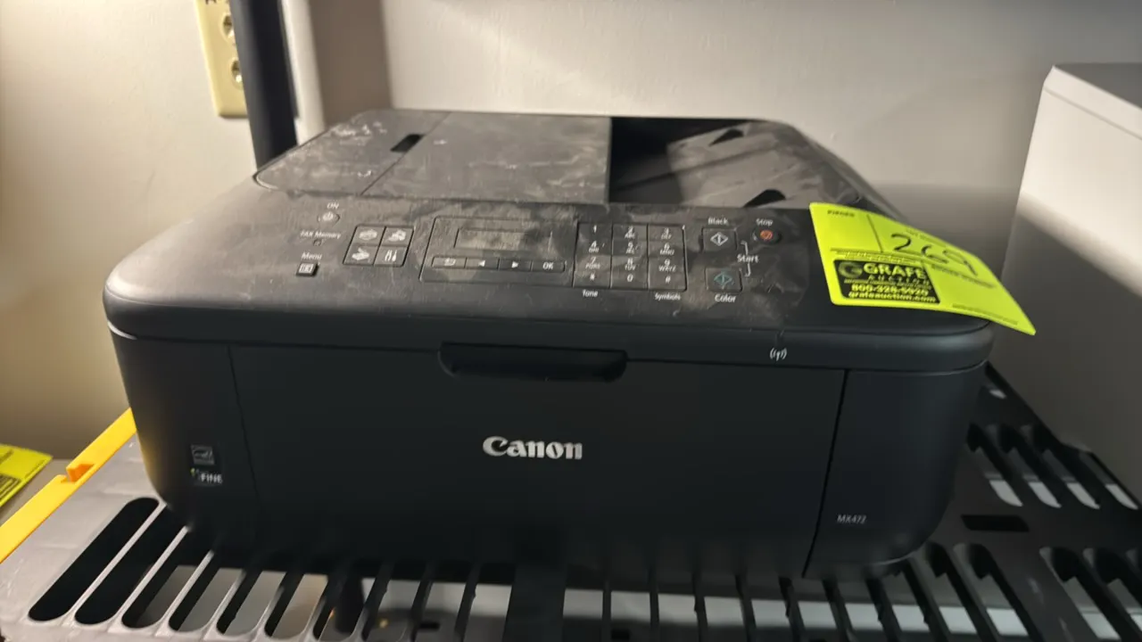 Canon PIXMA MX472 multi-function printer. Features print, copy, scan, and fax capabilities, automatic document feeder, control panel with numeric keyp