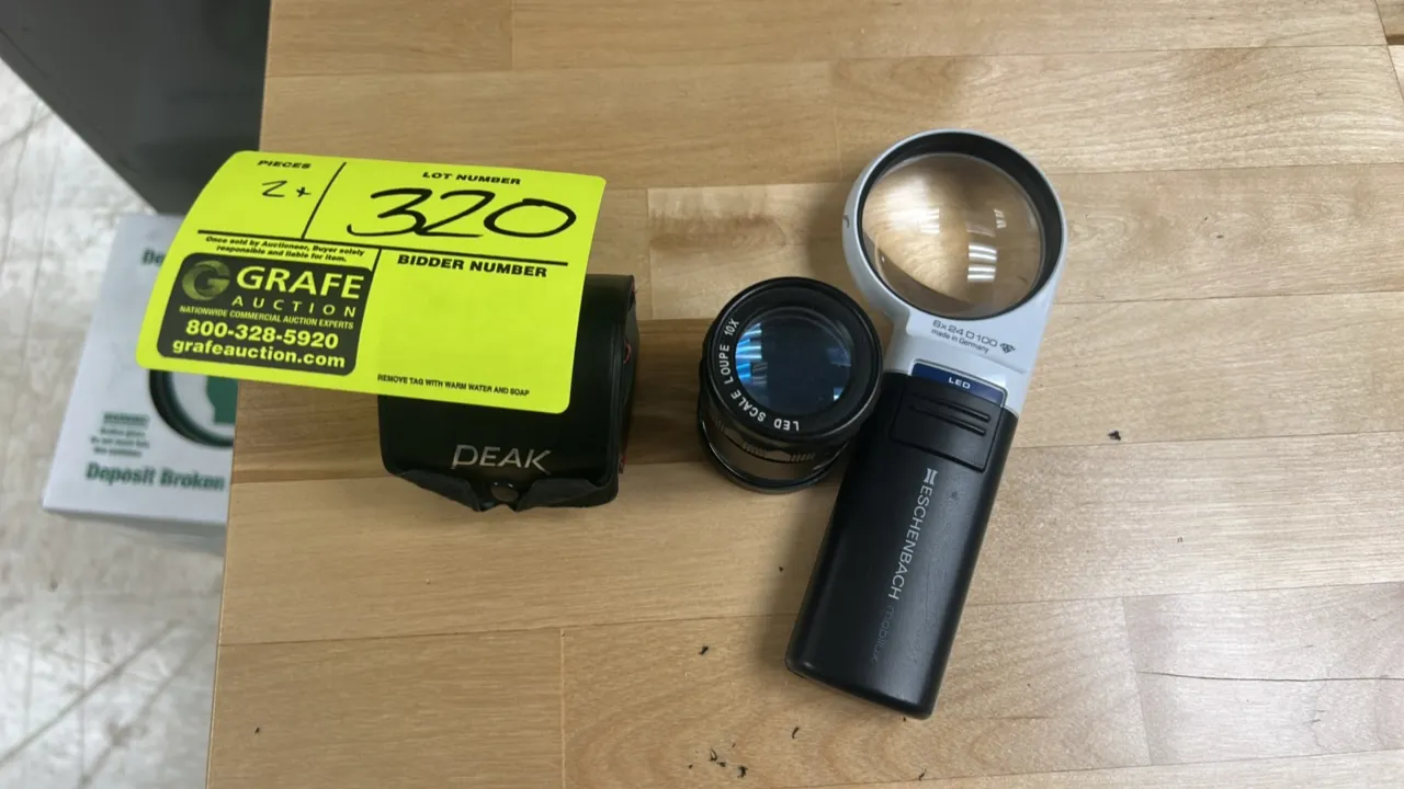 Eschenbach Mobilux LED handheld magnifier and 10x LED scale loupe. Magnifier features 6x magnification, 24 diopter, 58 mm lens, and integrated LED lig