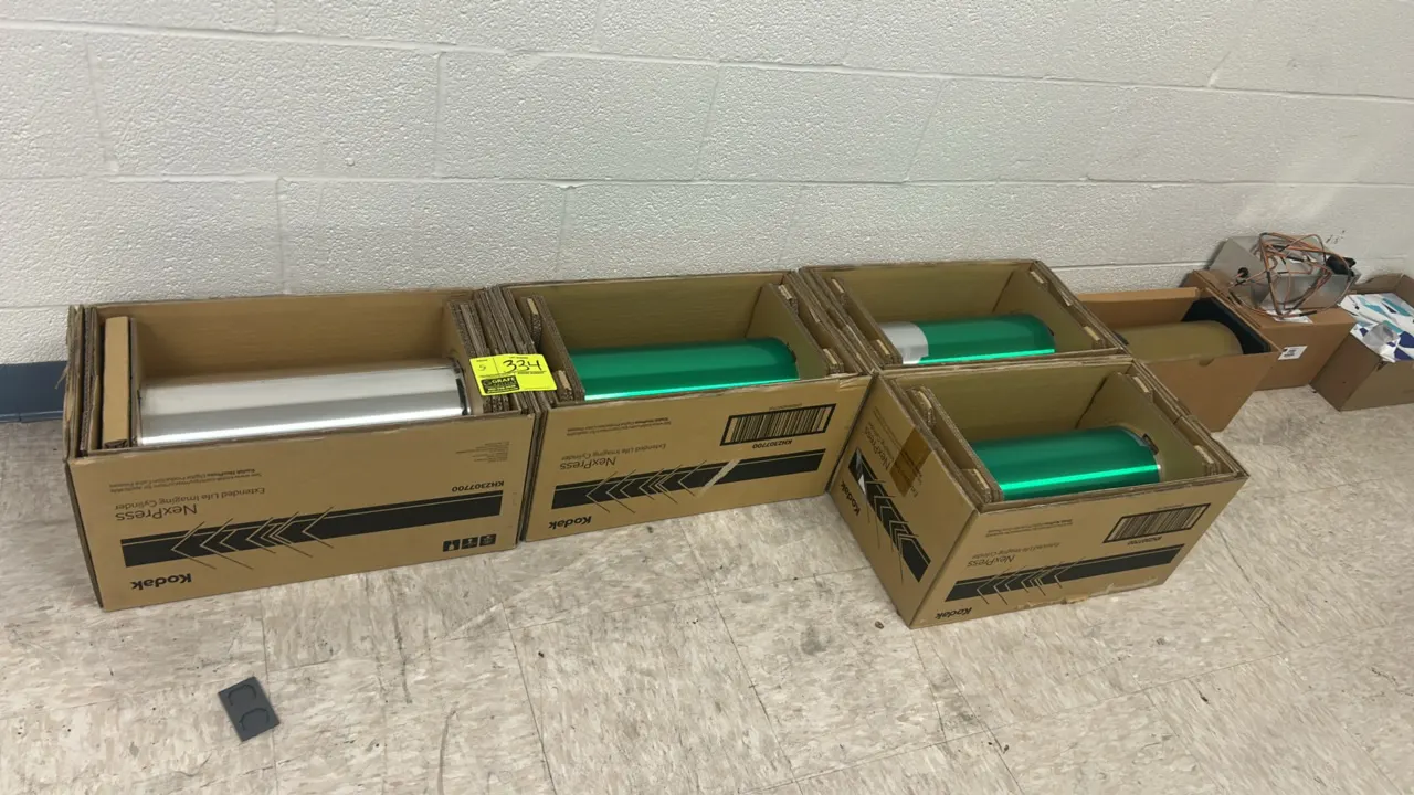 Kodak NexPress extended life imaging cylinders. Includes (4) imaging cylinders in original cartons, (1) additional roller, an electronic module with w