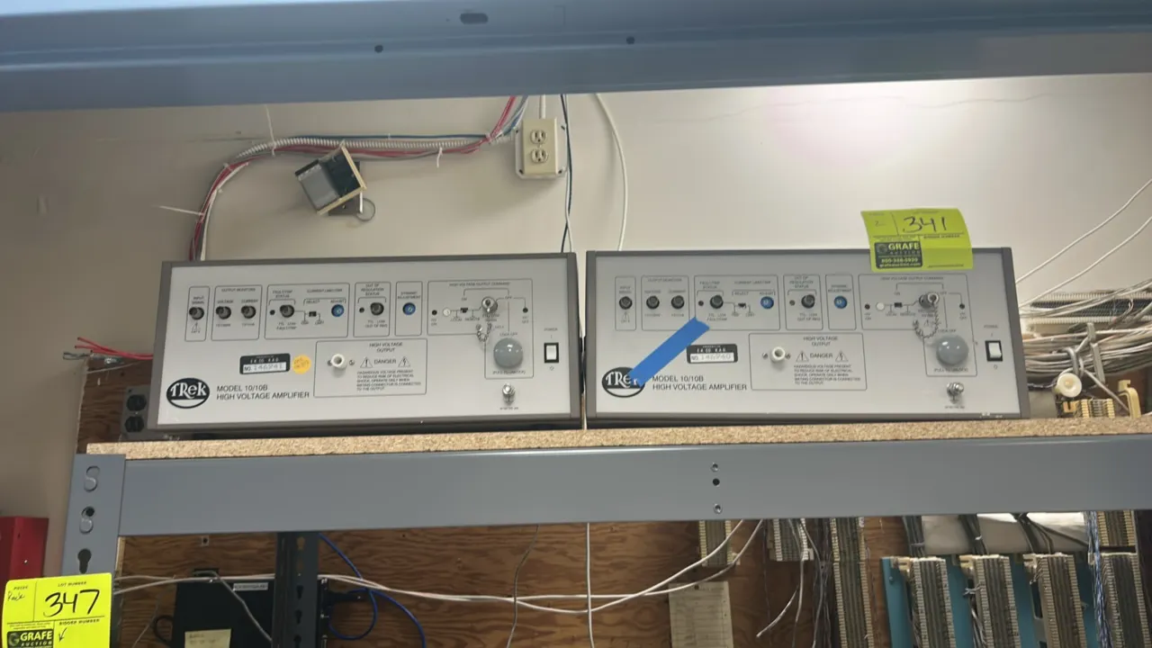 Trek 10/10B high-voltage power amplifiers. Features front-panel BNC input signal, voltage and current output monitors, fault/trip status indicator, cu