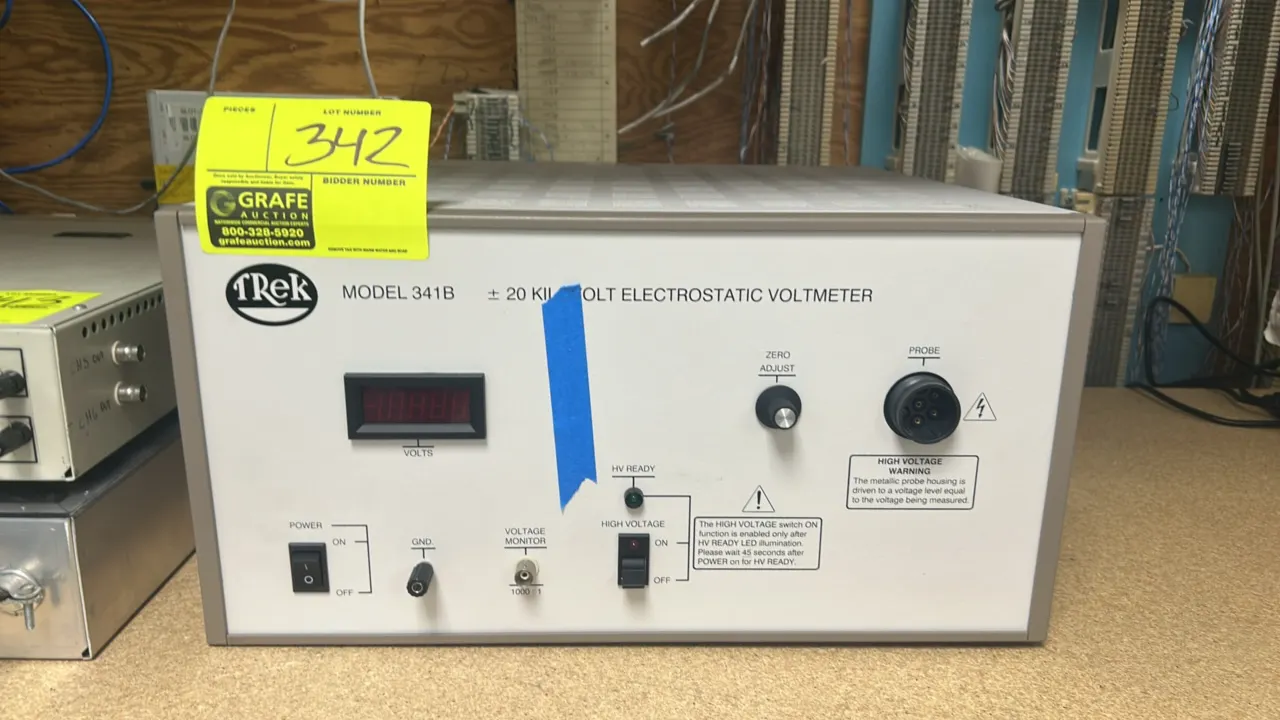 Trek 341B electrostatic voltmeter. Features ±20 kV measurement range, front digital display, zero adjust control, BNC voltage monitor output (1000:1 r