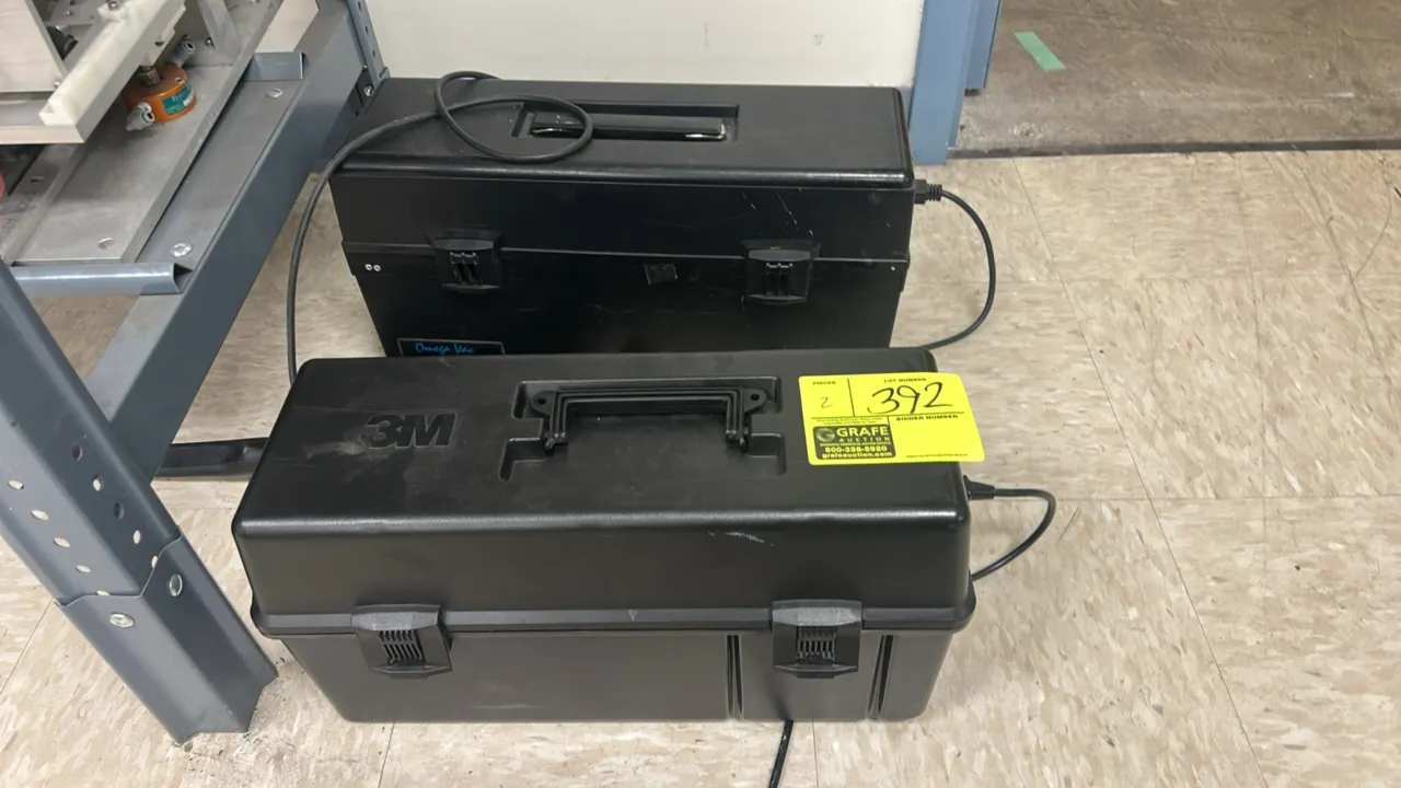 3M and Atrix electronic field service vacuums. Includes (1) 3M service vacuum and (1) Atrix Omega Supreme vacuum cleaner. Features hard-shell toolbox-
