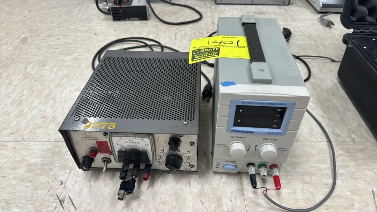 Kepco and Tekpower DC power supplies. Includes a Kepco ABC high-voltage regulated DC power supply (0-1500V, 0-10mA) with analog DC kilovolts meter, an