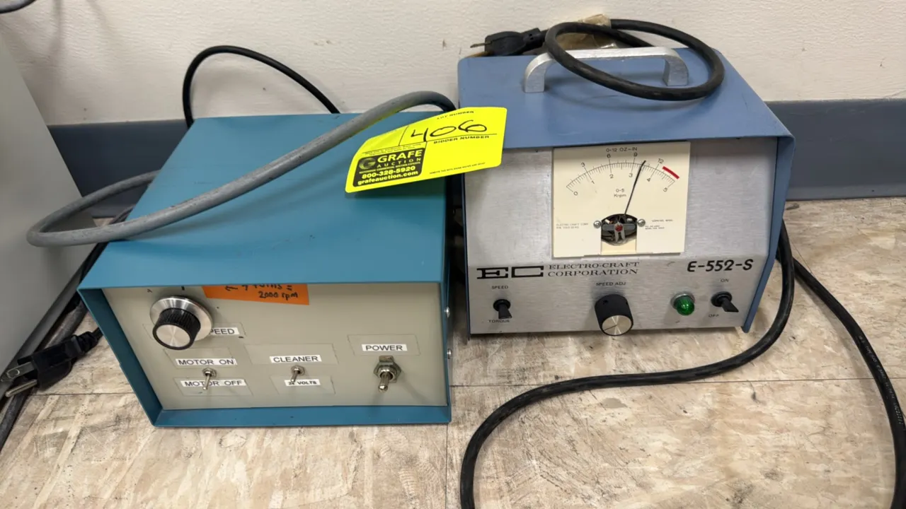 Electro-Craft E-552-S Motomatic motor speed controller with accompanying auxiliary control box. Main unit features an analog speed and torque meter (0
