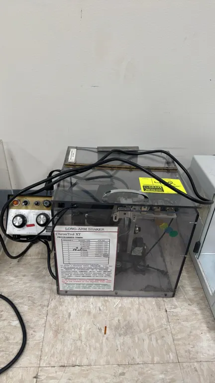 ChronTrol XT long-arm laboratory shaker. Features clear acrylic hinged enclosure, Bodine Electric DC motor speed control with forward/reverse and brak