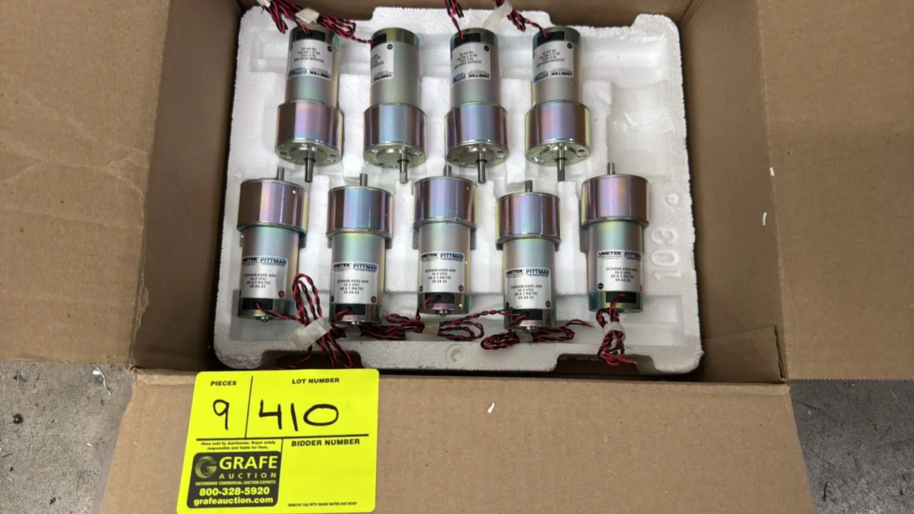 2022 Ametek Pittman DC040B-4S00-A05 auger gearmotors. Features a 65.5:1 gear ratio and attached wire leads. Electrical: 30.3 VDC.
