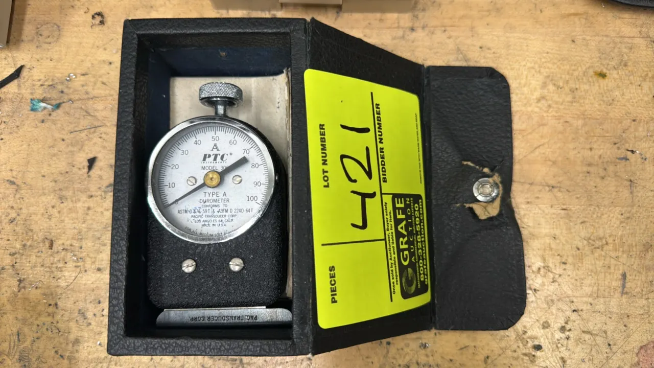 PTC Instruments 306 Type A durometer. Features a 0 to 100 dial scale. Conforms to ASTM D 676-59T and ASTM D 2240-64T testing standards for medium-soft
