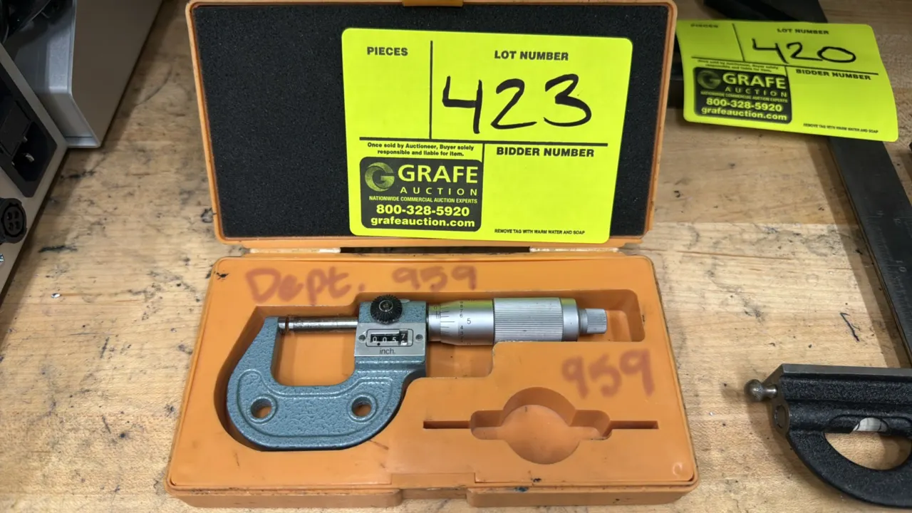 Mitutoyo mechanical digit counter outside micrometer. Features mechanical counter display in inches, vernier graduation sleeve and thimble, spindle lo