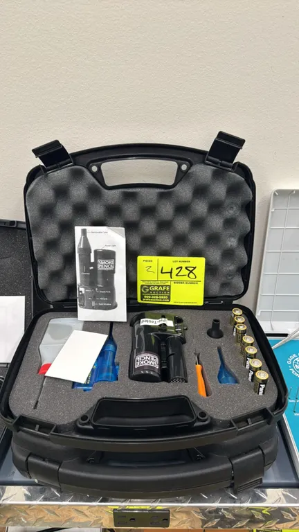 Smoke Pencil ONE air leak detectors. Includes hard carrying cases, pencil stream adaptors, tip attachments, fluid bottles, and accessories. Battery op