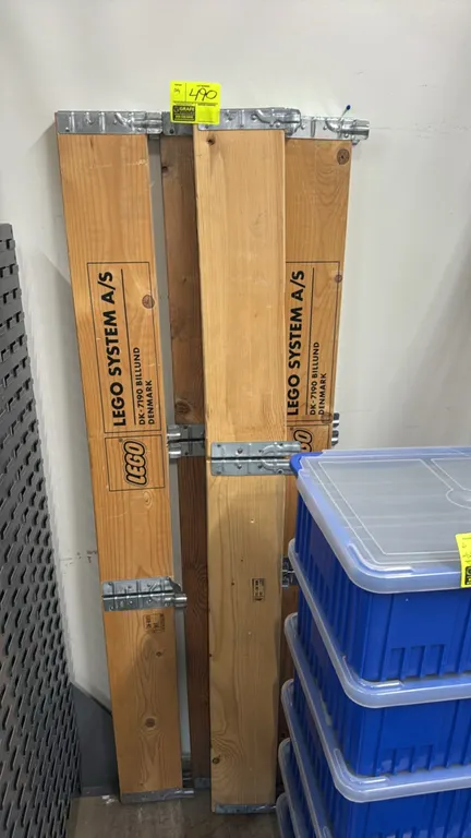 LEGO wood rails. Features folding solid wood construction with galvanized steel hinges and printed LEGO System A/S Billund Denmark markings. 75"L x 8"