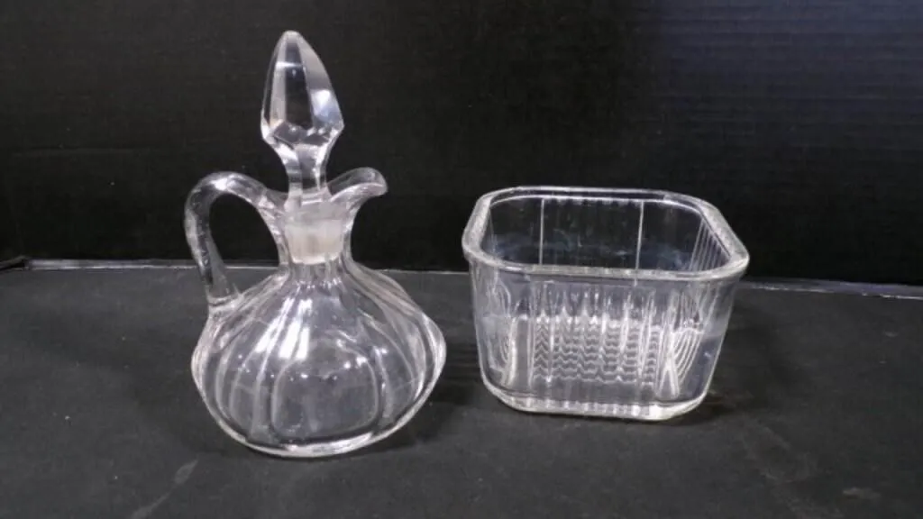 Vintage Glass Cruet w/Lid & Embossed Candy Dish