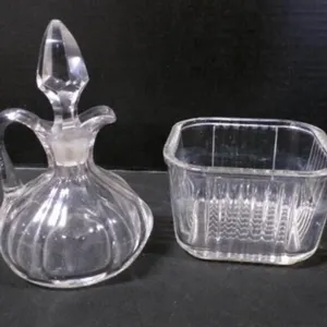 Vintage Glass Cruet w/Lid & Embossed Candy Dish