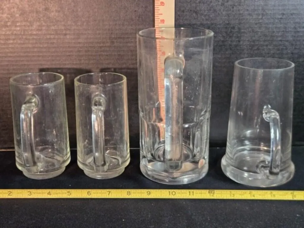 4 Glass Beer Mugs; 7 3/4", 2 - 5 1/2", 6"