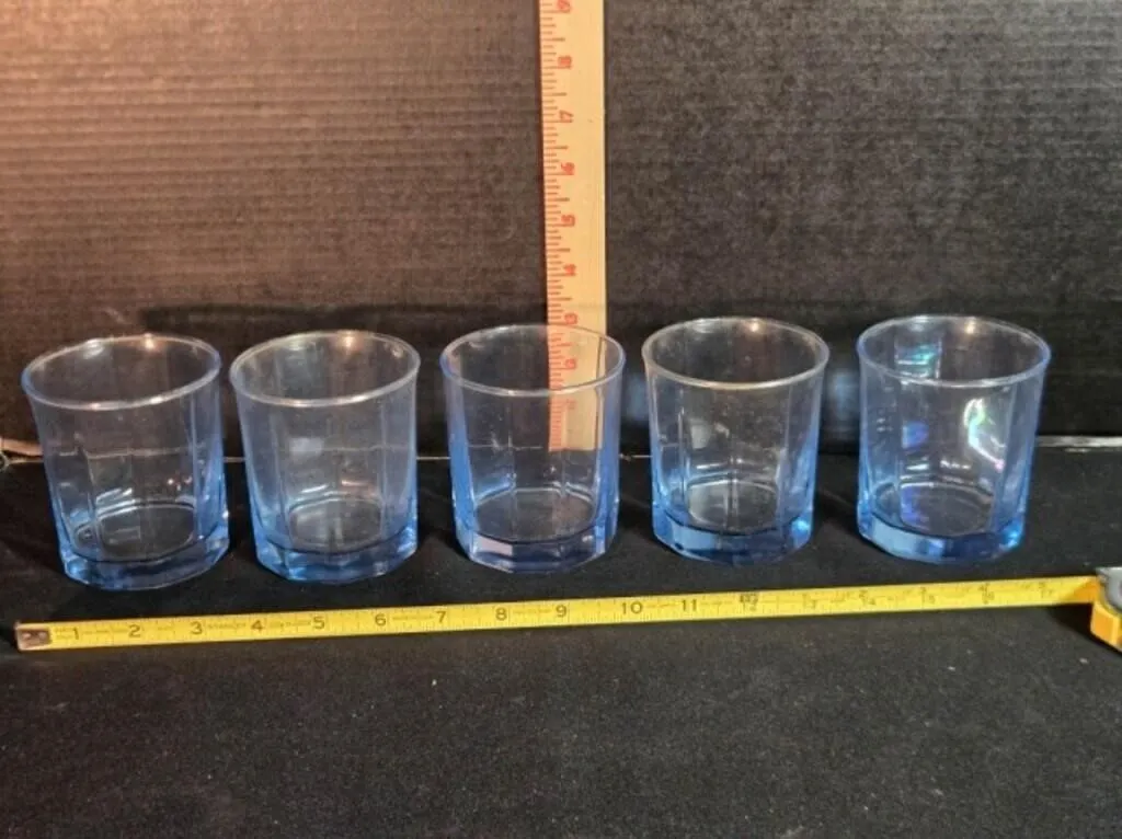 5 Light Blue Glass Tumblers, 3 1/2" tall
