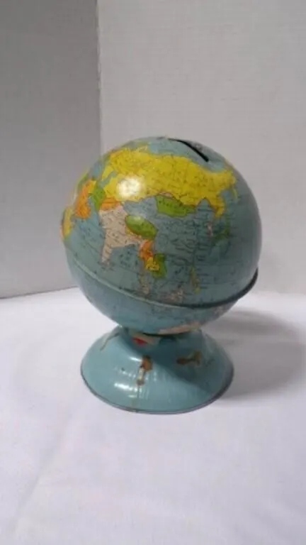 Vintage Lithograph "World Globe" Coin/Money Bank
