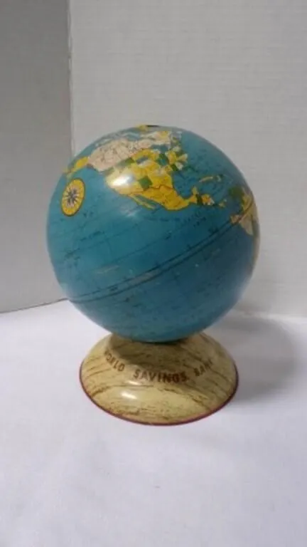 Vintage Lithograph "World Savings Globe" Coin Bank
