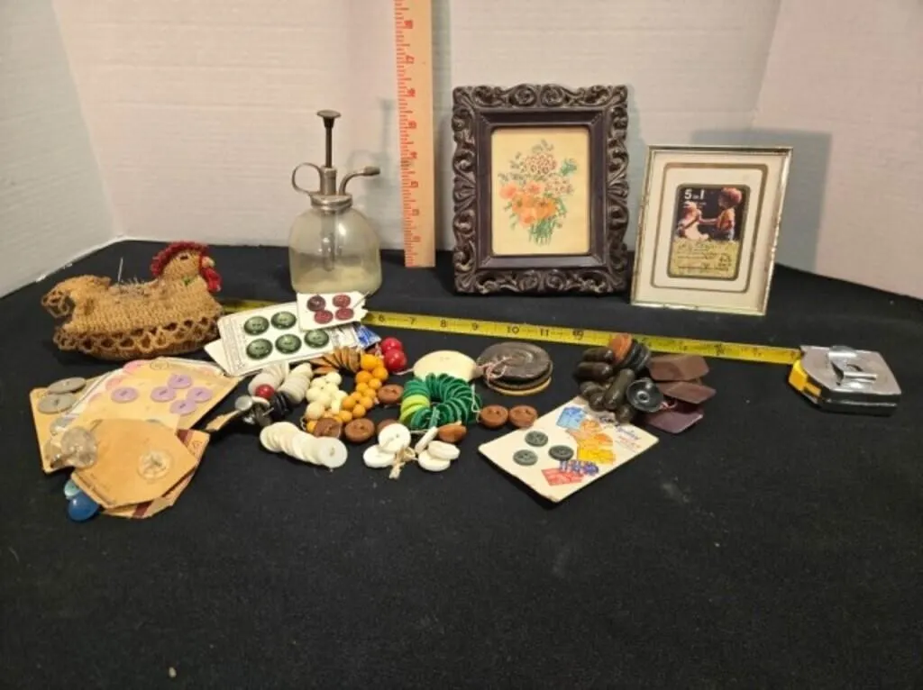 Buttons, pin cushion, 2 picture frames, spritzer