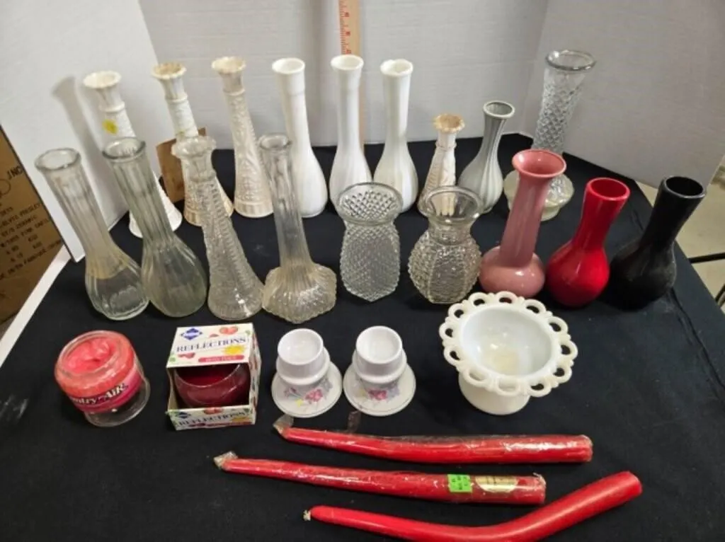 Stem vases, egg holders, 2 air freshners, 3 tapers