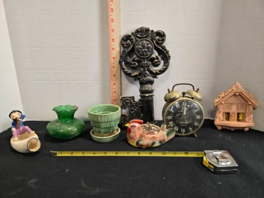 Home collectibles; Alarm clock, pin cushion