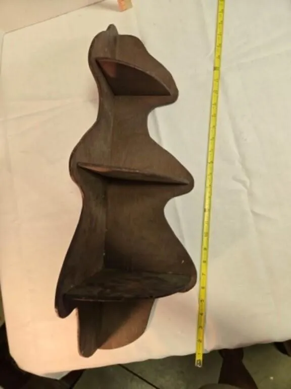 Three shelf corner wooden wall hanging, 26" tall