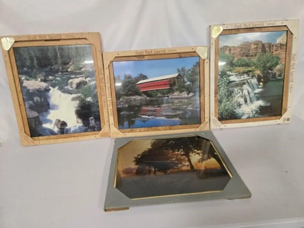 4 photo hangings, 3 wood finish frames, 21"x17"