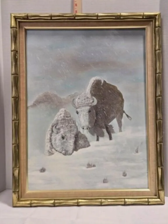 Original oil painting, Buffalo in snow, 17"x23"