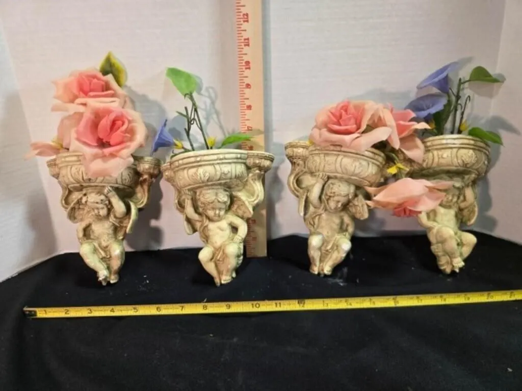 4 plaster cherub wall sconces w/faux flowers