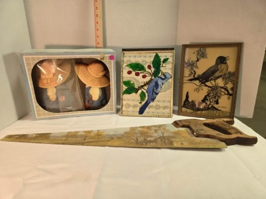 Wall décor: 2 bird prints, hand painted hand saw
