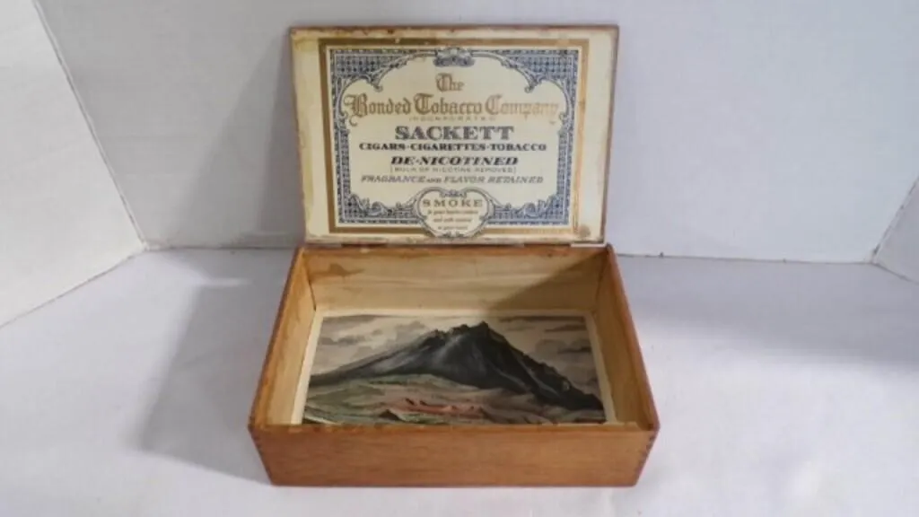 Vintage Wood Tobacco Box w/Metal Hinged Lid