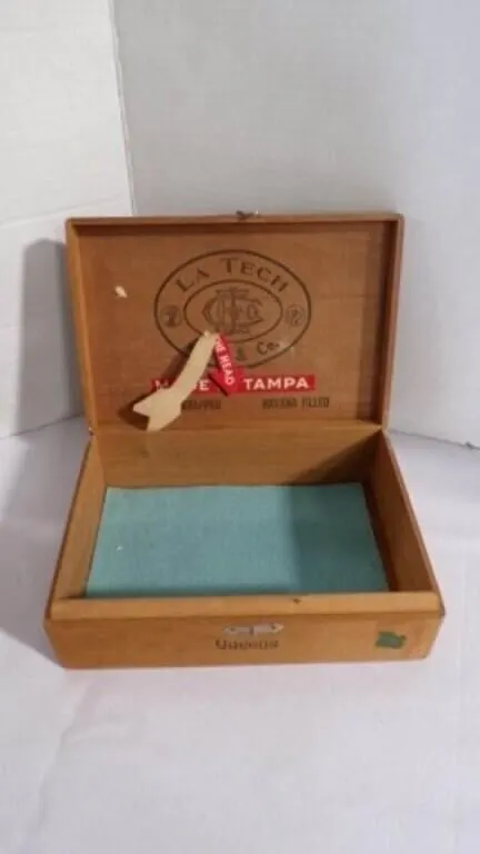 Vintage Wood Cigar Box w/Metal Hinged Lid & Latch