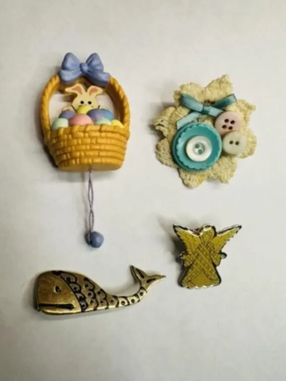 Novelty Pins Brooches-Angel, Whale, Easter Basket
