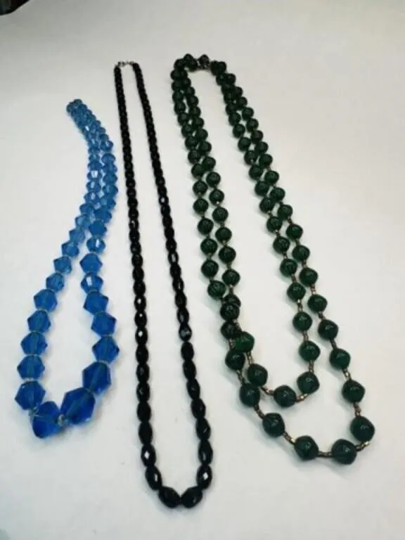 3 Glass Bead Necklaces-Black, Green & Blue Beads