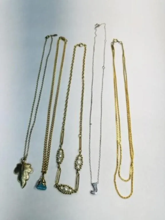 5 Dainty 18" Necklaces-Pearls, Leaf, Turquoise, J