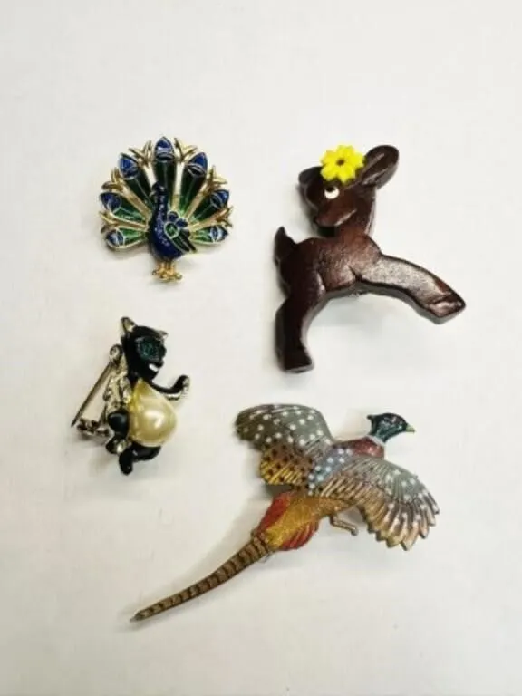 Enamel Trifari Peacock Pin, Wood Deer, Plastic