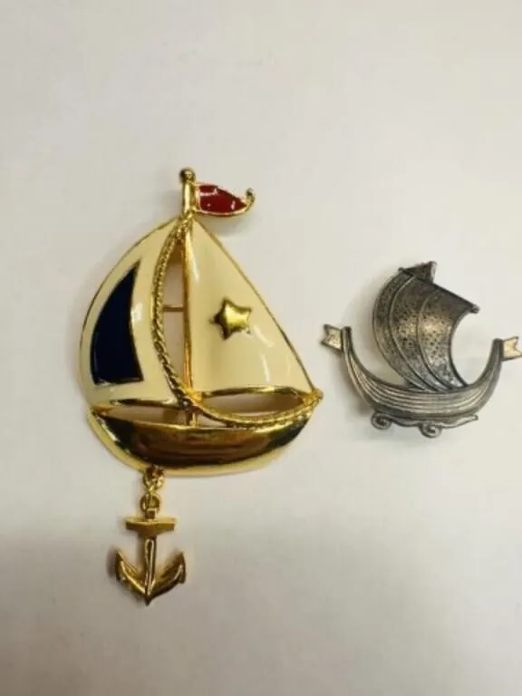 2 Sail Boat Brooches, Enamel & 1 marked 830's-