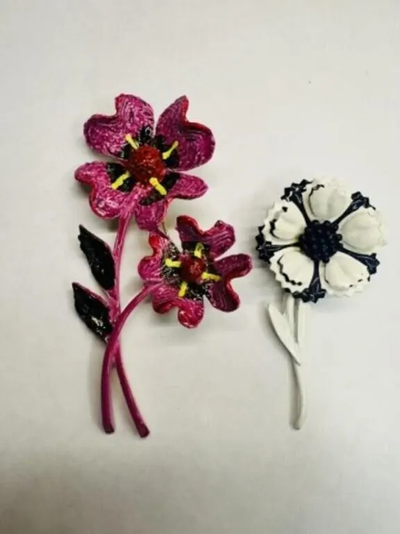 2 Flower Enamel Brooches Pins-Pink is marked ART