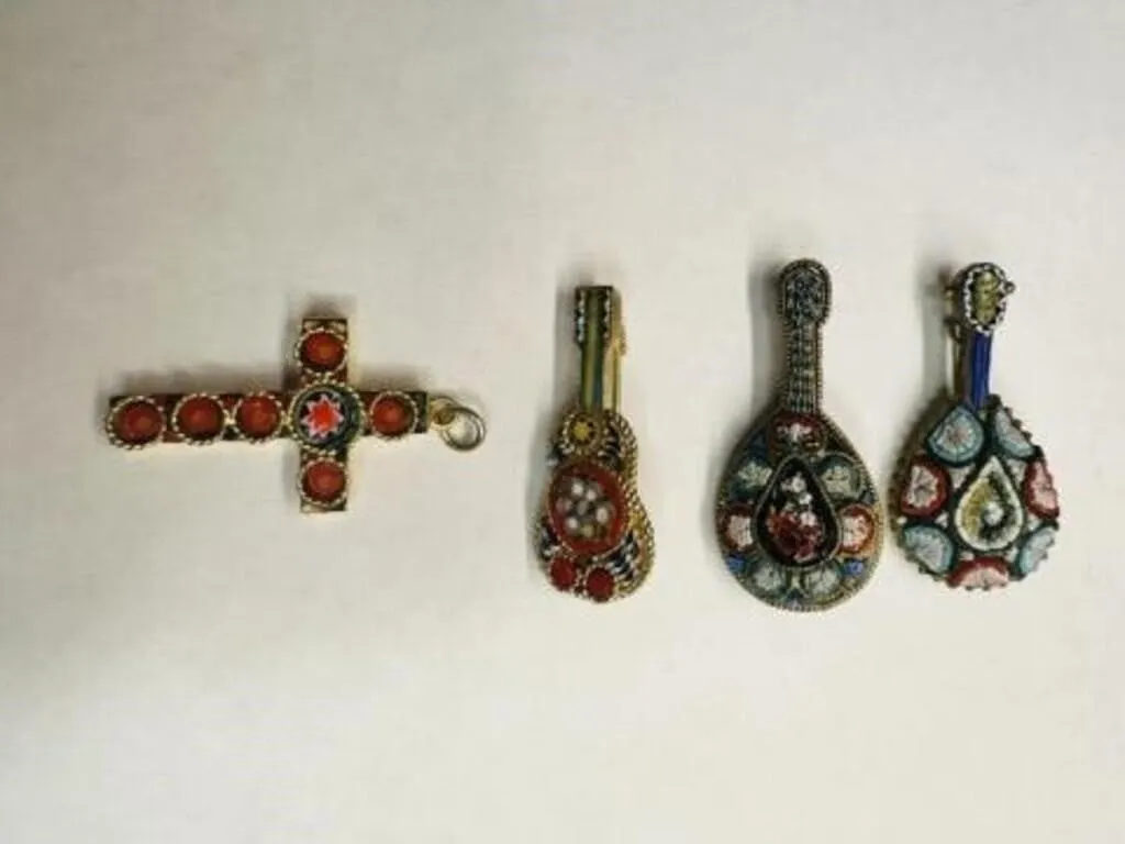 Vintage Micro Mosaic Brooches, Lutes Guitars,
