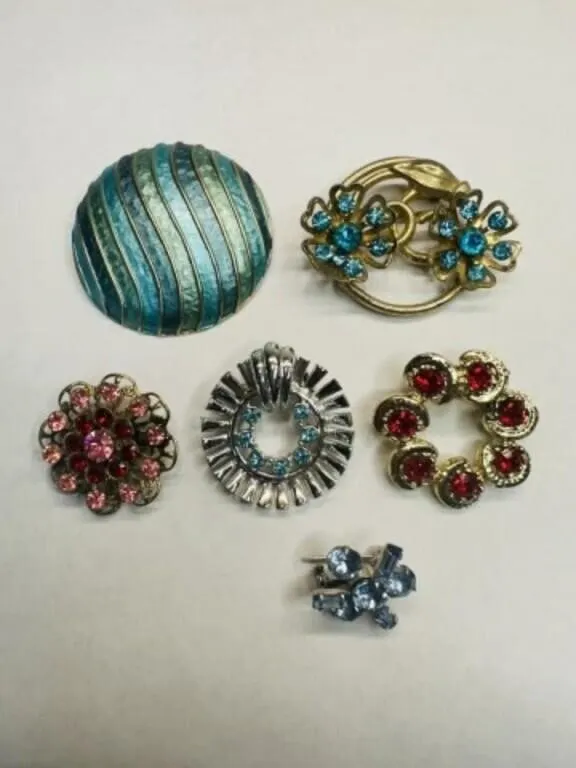 6 Brooches-Blue Rhinestone, Red & Pink Rhinestone,